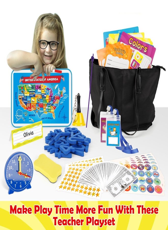 Edulok 115 PCS Pretend Play Teacher Set for Kids, with Magnetic Numbers, Bell, Money Games, Alphabet Posters, USA Maps, Learning Education Toys Kindergarten Classroom School Supplies Toys Playset Kit - Image 3